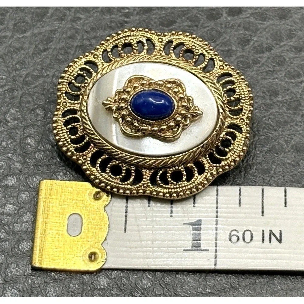 VTG 1928 Brand Victorian Revival Filigree Small Brooch Blue Cabochon Gold Tone